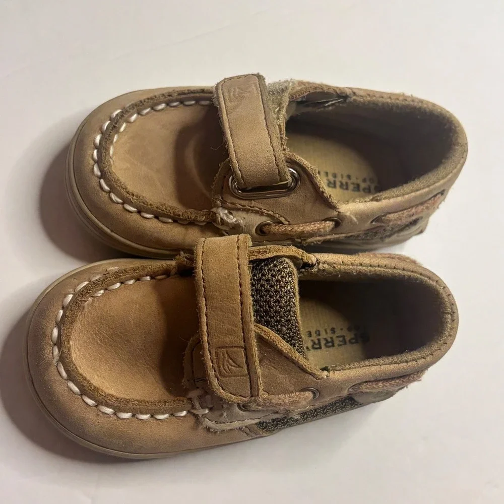 Sperry Top-Sider Kids Tan Leather Mesh Boat Shoes Hook Loop Loafers Toddler 4
